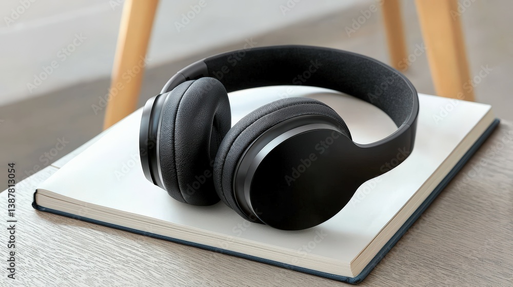 A noise-canceling headphone resting on a book, study and relaxation vibe A noise-canceling headphone resting on a book, study and relaxation vibe
