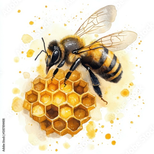 Bee collecting nectar while perched on a honeycomb in a vibrant watercolor illustration showcasing nature's beauty