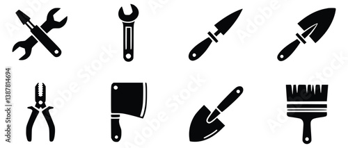 Black And White Vector Graphics Depicting A Collection Of Tools For Repair And Garden Works