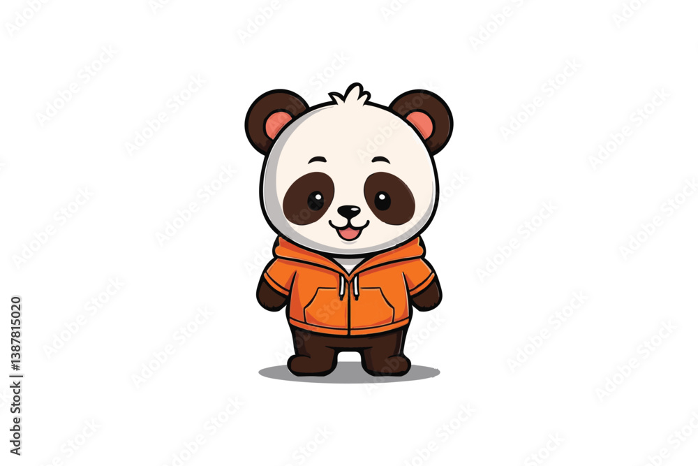 Fototapeta premium Cozy Panda in Hoodie: Adorable Cartoon Character with Big Eyes, Standing Comfortably on White Background, Simple Vector Illustration Design.