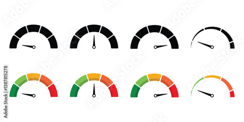 Speedometer icon set. Set of gauges from low to high. Risk meter icon set. Risk concept on speedometer. Set of gauges from low to high.