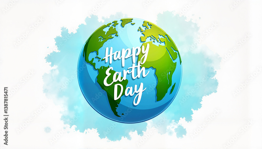 Naklejka premium Colorful Earth globe with “Happy Earth Day” message in modern font amidst a watercolor splash background, eco-friendly concept.