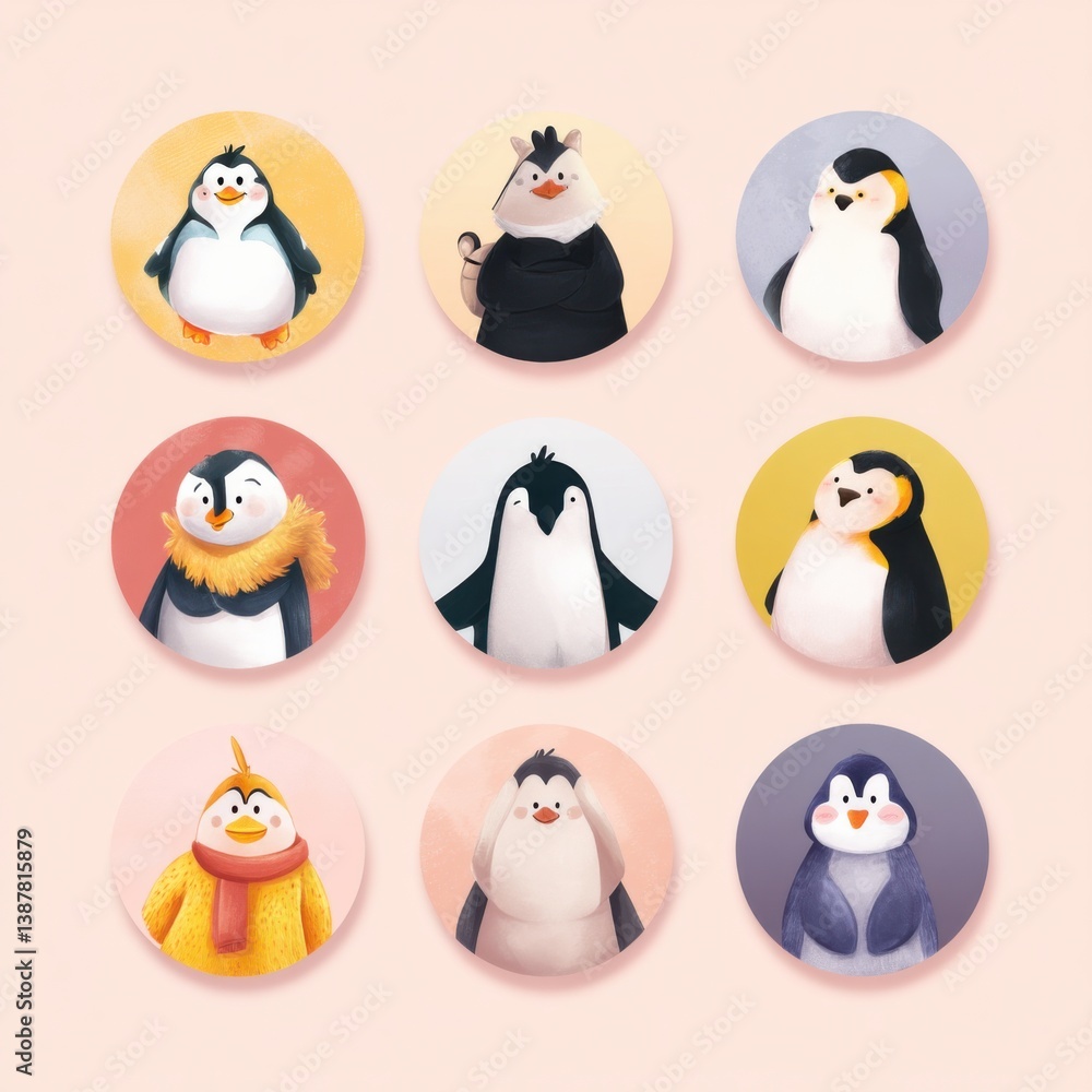 Obraz premium Cute illustrated penguins in circular designs