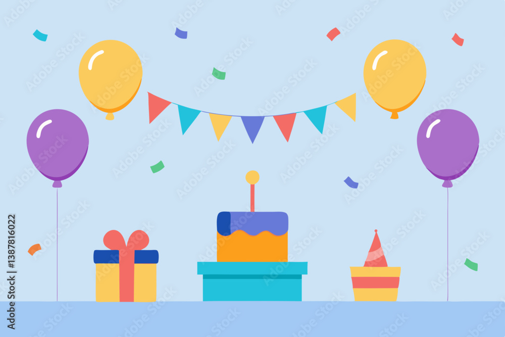 birthday cake with candles and balloons