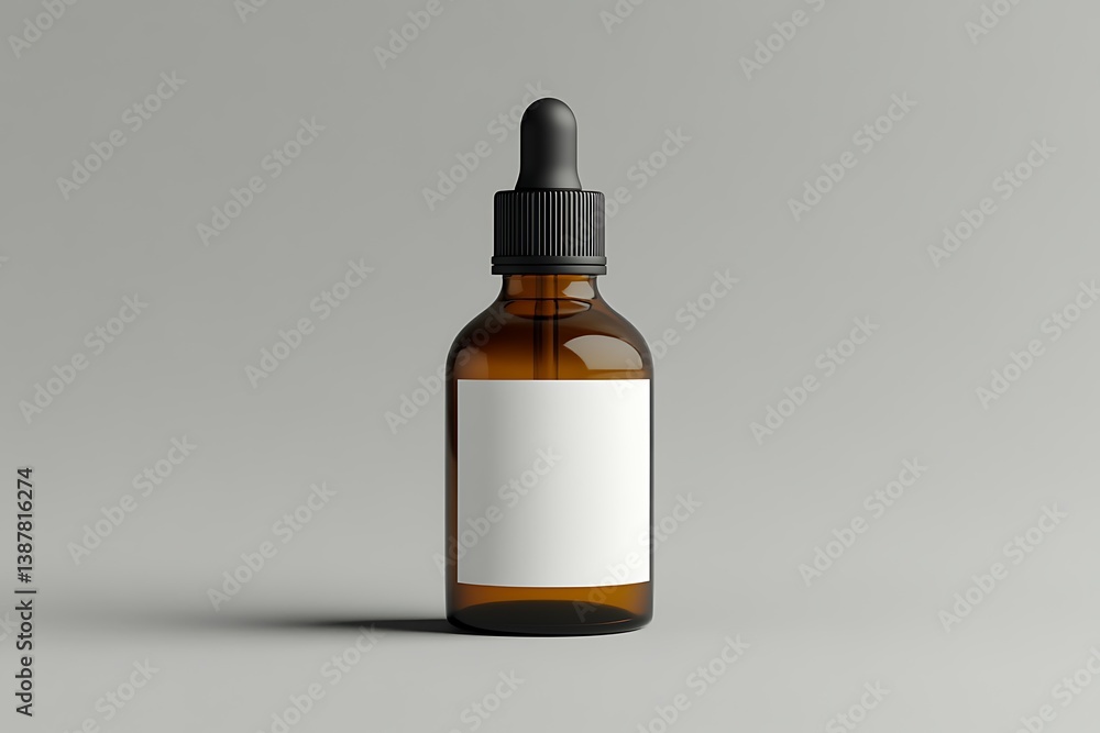 Amber Glass Bottle With Black Dropper and White Label on Light Gray Background Amber Glass Bottle With Black Dropper and White Label on Light Gray Background