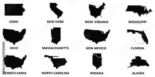 Vector Silhouettes Of Twelve Us States Isolated On White Background