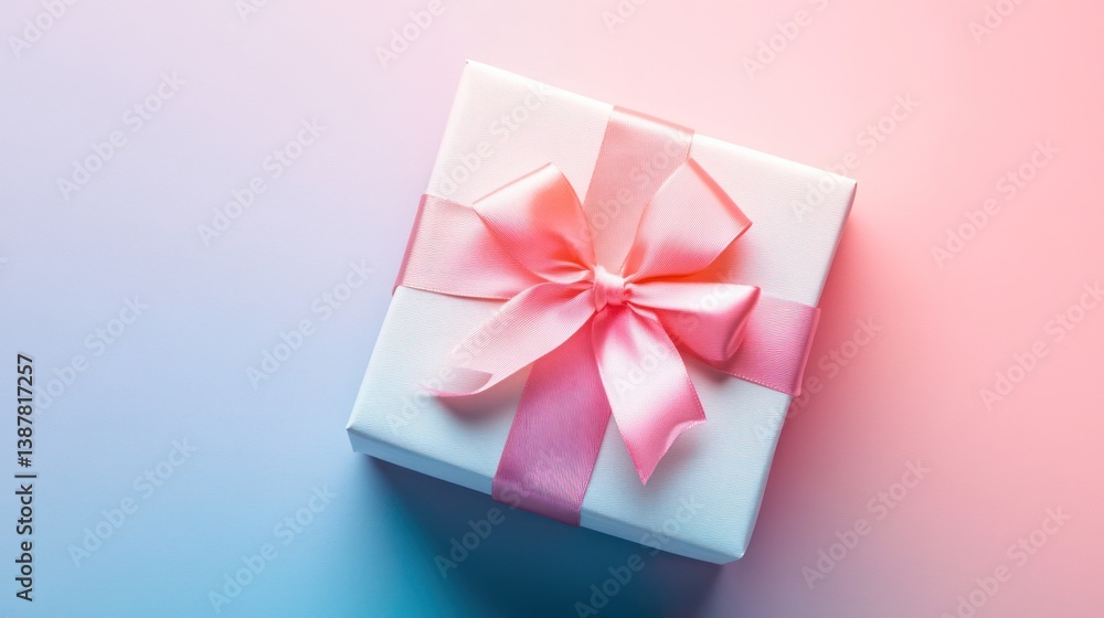 Elegant white gift box adorned with a soft pink satin ribbon on pastel backdrop Elegant white gift box adorned with a soft pink satin ribbon on pastel backdrop