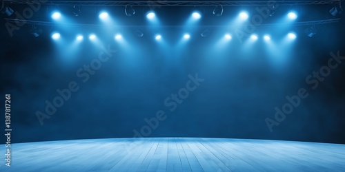Blurred empty theater stage with fun colourful spotlights, abstract image of concert lighting illumination background. Concert stage with effect LED lighting spotlights performance wallpaper