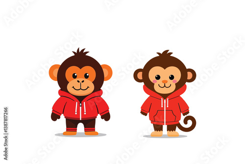 Cute Cartoon Monkeys in Matching Red Hoodies: Playful and Adorable Animal Characters for Kids' Fashion, Merchandise, and Branding