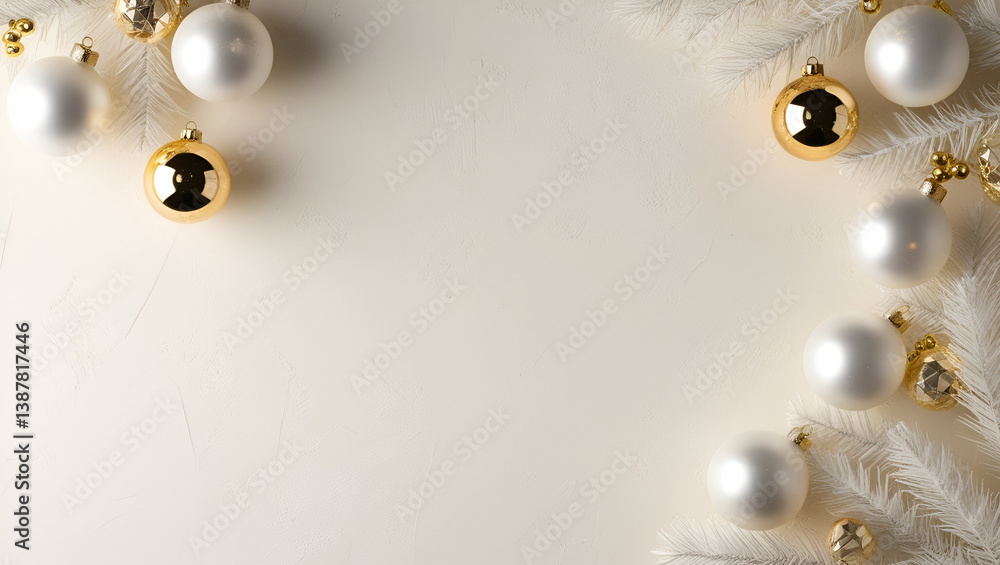 Obraz premium Simple and chic holiday scene featuring white and gold festive ornaments.