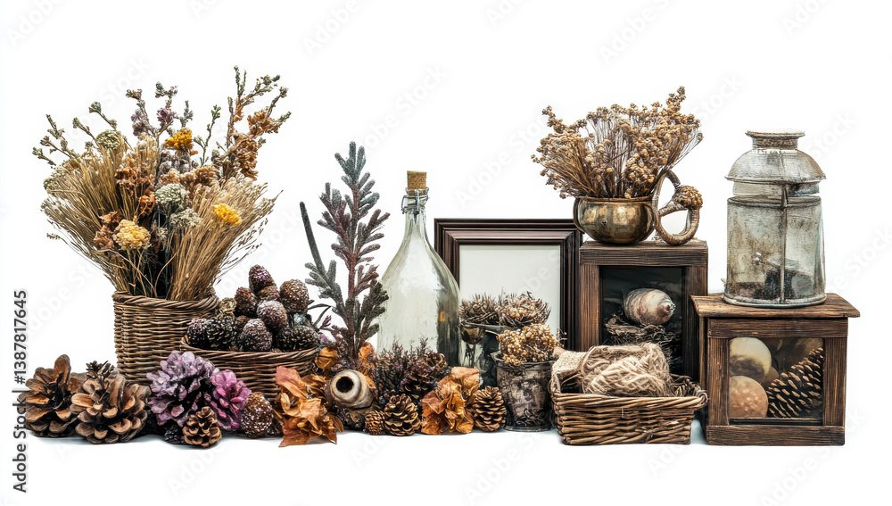 Fototapeta premium beautiful arrangement of dried flowers, pinecones, and rustic decor items creates warm, inviting atmosphere. This collection features various containers, including woven baskets and glass jars