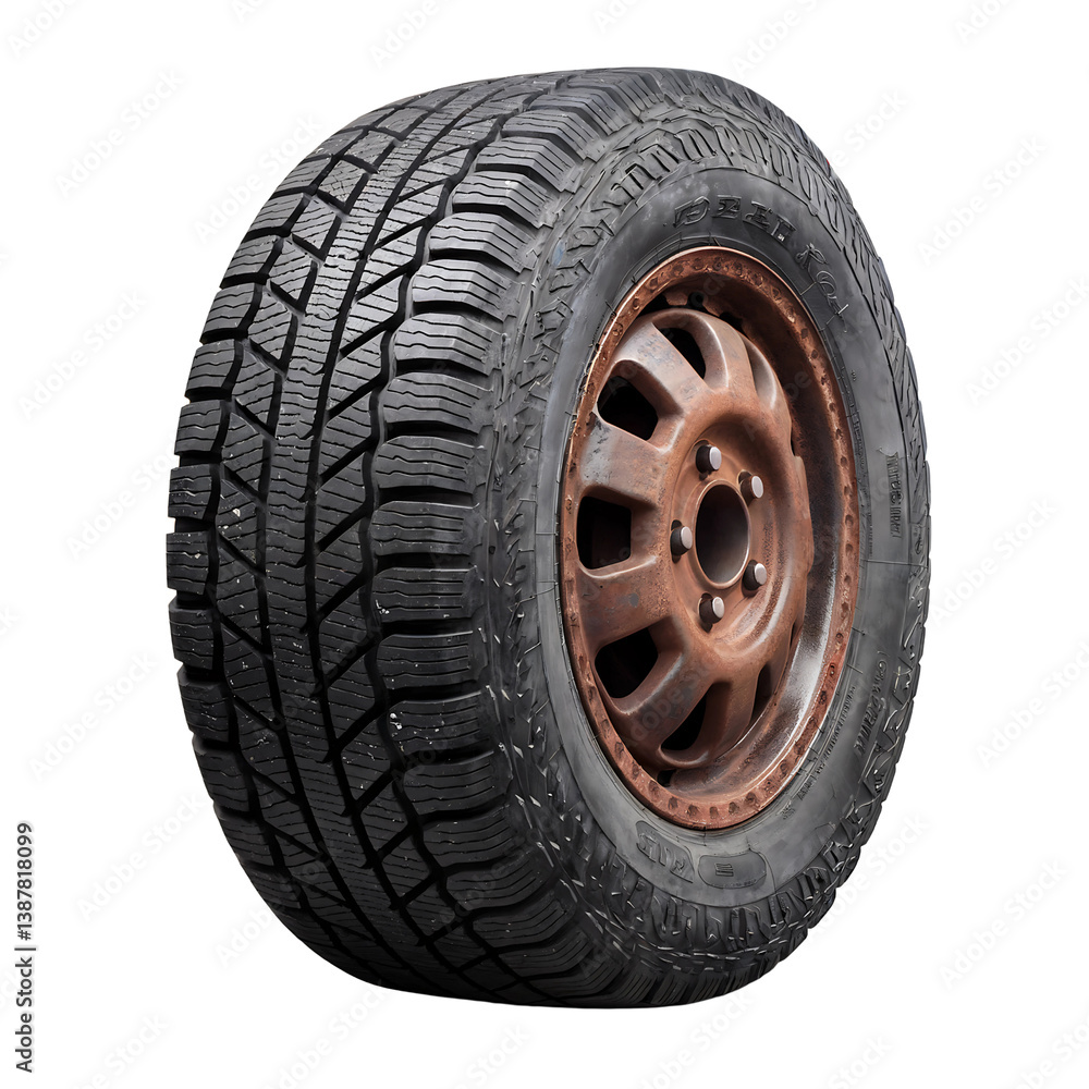 old car tire closeup, used vehicle wheel isolated, damaged rubber tire with rusty rim old car tire closeup, used vehicle wheel isolated, damaged rubber tire with rusty rim