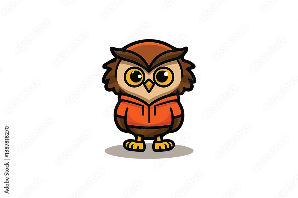 Fototapeta premium Adorable Cartoon Owl in Orange Hoodie with Big Eyes: Playful Bird Illustration for Children's Designs and Engaging Graphic Content