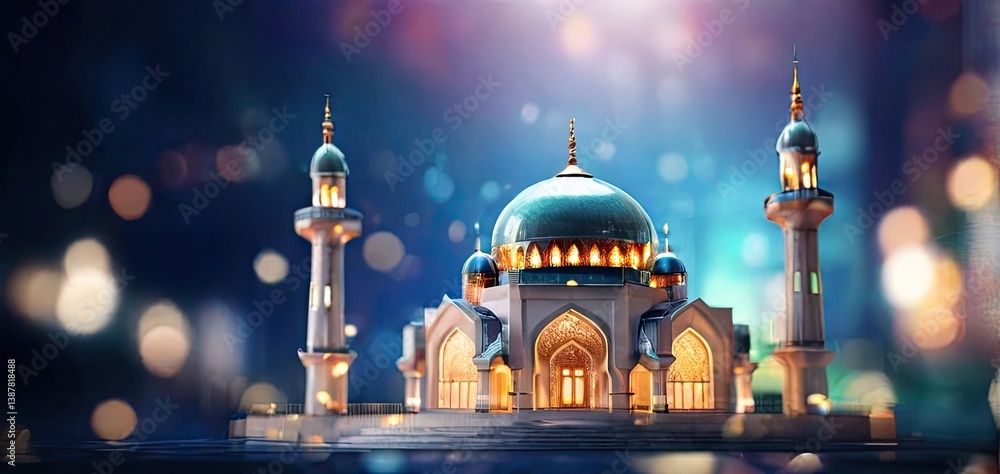 Obraz premium green mosque model with blurred mosque background