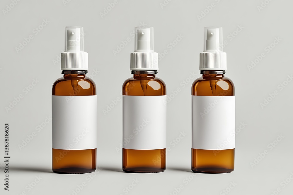 Amber Spray Bottles With White Labels Set Against a Clean Background Studio Shot Amber Spray Bottles With White Labels Set Against a Clean Background Studio Shot
