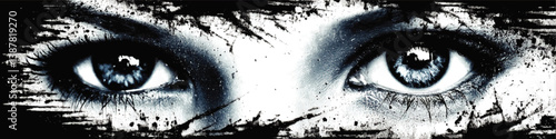 Captivating Detailed Vector Illustration of Realistic Blue Eyes with Intense Expression in Monochrome Grunge Paint Splatter Artistic Background for Graphic Design and Art