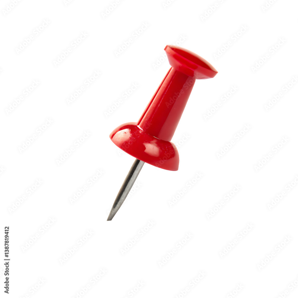 A close-up of a single bright red push pin with a metallic needle, isolated on a white background A close-up of a single bright red push pin with a metallic needle, isolated on a white background