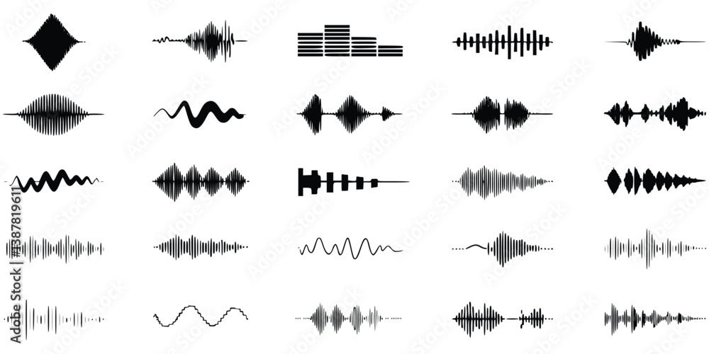 Fototapeta premium Collection Of Black And White Waveforms Depicting Audio Signals And Frequencies