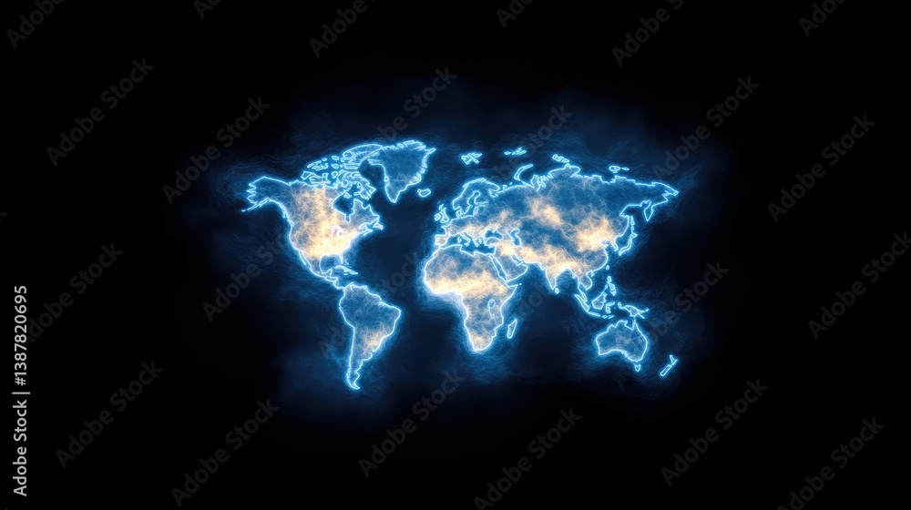 Obraz premium World map, glowing blue outline, ethereal