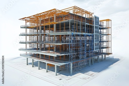 Fototapeta Naklejka Na Ścianę i Meble -  Detailed 3D Architectural Model of a Multi-Story Building Under Construction with Scaffolding and Structural Framework