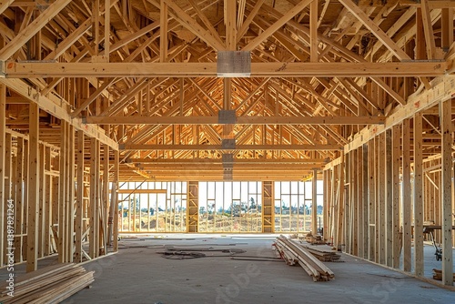 Bright and Spacious Interior of a Modern House Under Construction with Exposed Wooden Beams and Framing, Showcasing the Building Process and Future Living Space