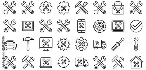 Collection Of Outline Icons Symbolizing Repair And Maintenance Services On White Background