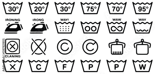 Set Of Black Linear Laundry And Textile Symbols Icons For Garment Care