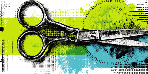 Artistic Vector Illustration of Vintage Metal Scissors with Grunge Paint Splatter Effects in Bright Blue Green Black Abstract Design for Creative Craft Projects