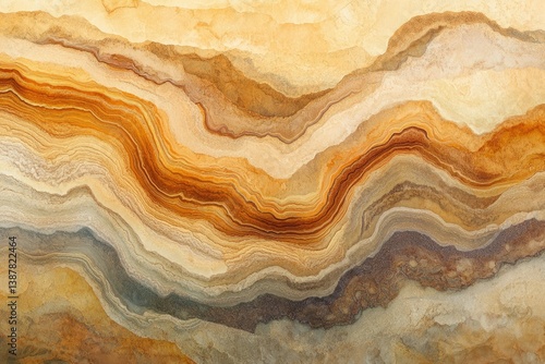 Abstract image of layered stone with swirling, wavy patterns in warm earth tones.