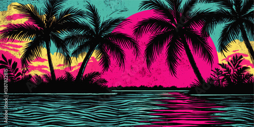 Tropical Sunset Vector Illustration with Pink Sun Palm Trees Reflective Ocean Waves Vibrant Colorful Exotic Beach Landscape Background for Relaxing Summer Vacation