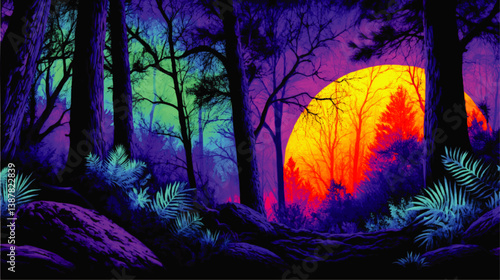 Enchanting Neon Forest Background Vector Illustration with Vibrant Sunset Glowing Moon Mystic Woods Luminous Ferns Surreal Fantasy Nature Scene Stunning Landscape Art