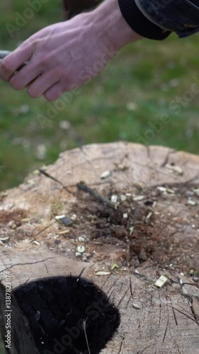Cutting thin branches with an axe branches on an oak tree deck