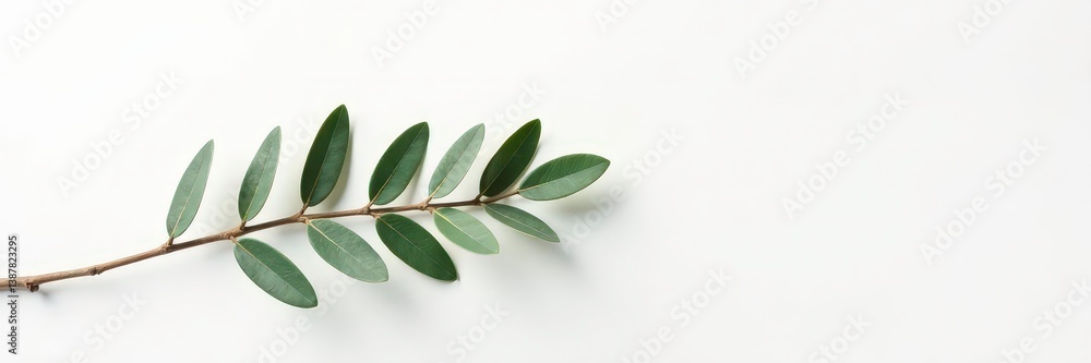 Single eucalyptus branch against clean white surface, trees, foliage
