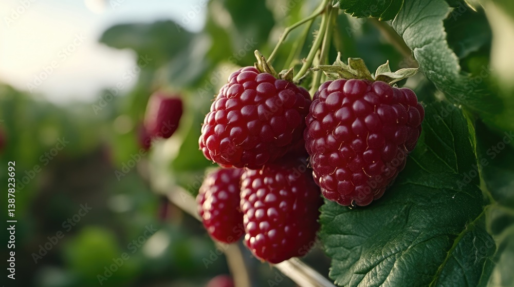 Fresh, ripe raspberries hanging on vines Fresh, ripe raspberries hanging on vines