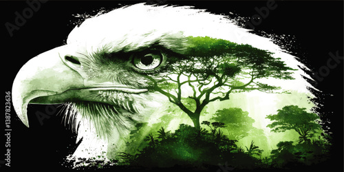 Majestic Eagle Double Exposure Vector Art with Vibrant Jungle Forest Landscape Illustration Perfect for Nature Wildlife Conservation Environment Theme Designs Projects