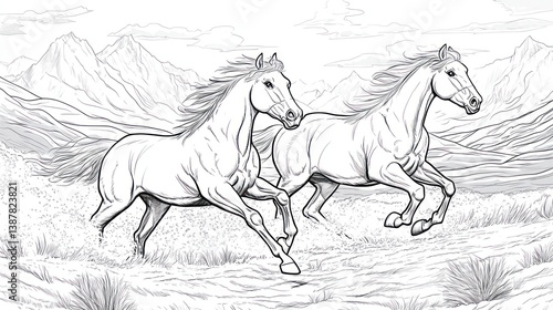 Two horses running in a mountain landscape.  Possible use coloring book