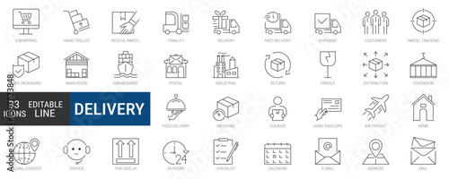 Delivery, shipping, and logistics icons set, editable line icon pack. transportation, courier, parcel, warehouse, supply chain, shipping symbols. simple vector collection.