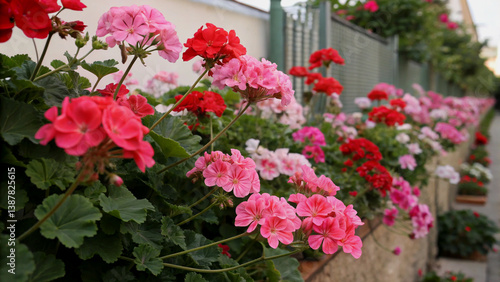 Vibrant Pink and Red Geraniums in a Greenhouse Setting