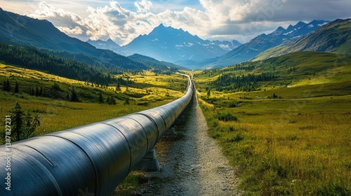 A long pipe runs through a grassy field with mountains in the background. Concept of vastness and natural beauty