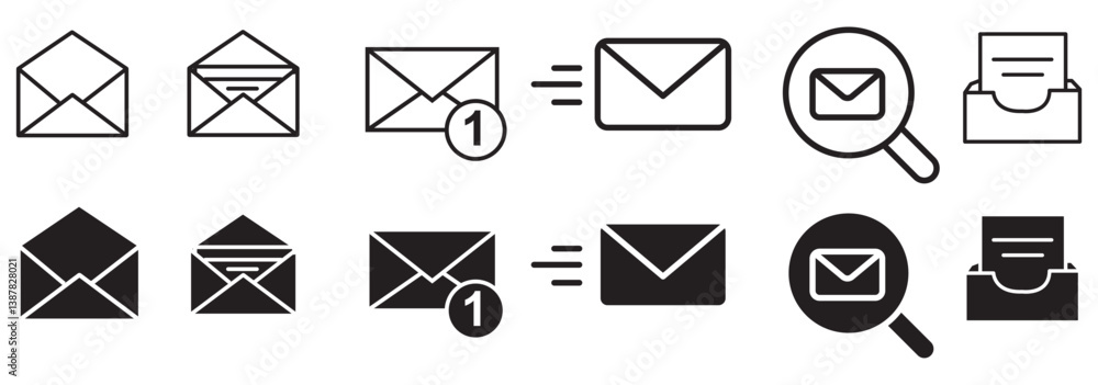 Set of mail envelope icon in linear style. Closed envelope, opened letter, with checkmark and email. Editable stroke. E-mail icon, sign of an incoming unopened message. Vector illustration Set of mail envelope icon in linear style. Closed envelope, opened letter, with checkmark and email. Editable stroke. E-mail icon, sign of an incoming unopened message. Vector illustration