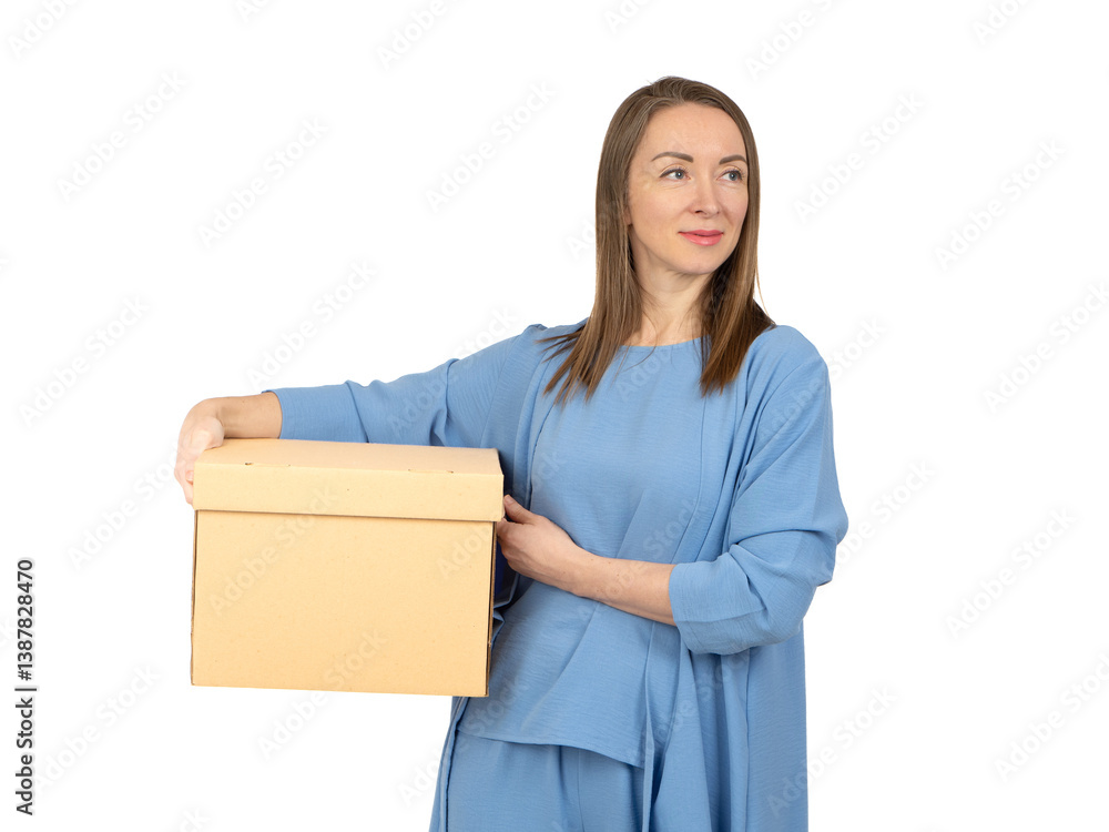 Woman in a blue outfit holding a cardboard box with both hands and looking aside, symbolizing moving, delivery, or office organization task. Woman in a blue outfit holding a cardboard box with both hands and looking aside, symbolizing moving, delivery, or office organization task.