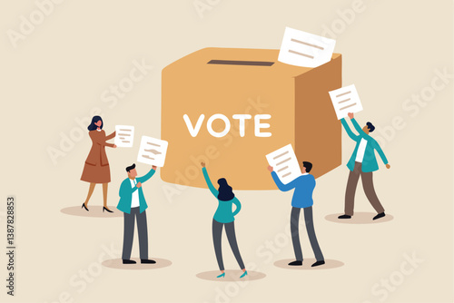 Voting, poll or employee feedback questionnaire, politic choice, opinion or democracy, election or customer survey, referendum concept, diverse people hold voting paper checkmark putting in vote box.