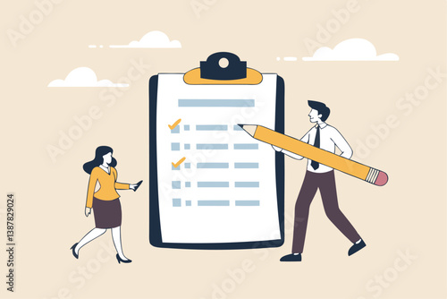 Task checklist, clipboard with to do list checkmark, task management to track work completion, accomplishment, survey or questionnaire concept, business people with pencil and checklist clipboard.