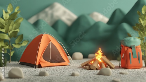Campsite with tent travel backpack bonfire and elements for camping summer camp traveling trip hiking. Minimal style 3d rendering.