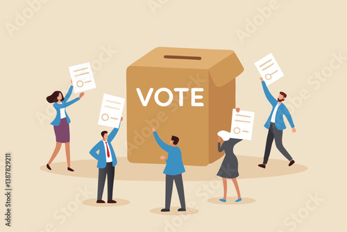Voting, poll or employee feedback questionnaire, politic choice, opinion or democracy, election or customer survey, referendum concept, diverse people hold voting paper checkmark putting in vote box.