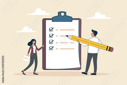 Task checklist, clipboard with to do list checkmark, task management to track work completion, accomplishment, survey or questionnaire concept, business people with pencil and checklist clipboard.