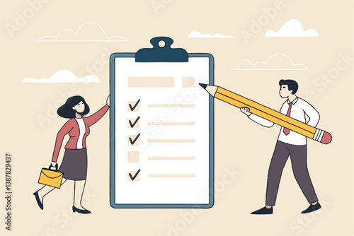 Task checklist, clipboard with to do list checkmark, task management to track work completion, accomplishment, survey or questionnaire concept, business people with pencil and checklist clipboard.