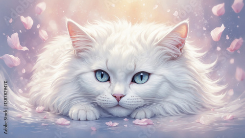 Serene white cat with blue eyes surrounded by pink flower petals