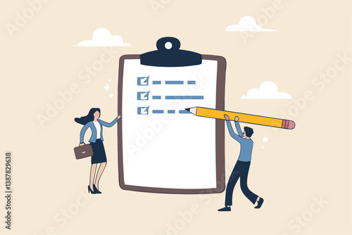 Task checklist, clipboard with to do list checkmark, task management to track work completion, accomplishment, survey or questionnaire concept, business people with pencil and checklist clipboard.