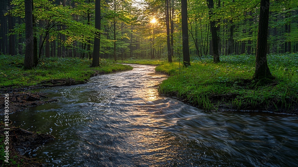 Obraz premium Sunrise Stream Through Forest Path